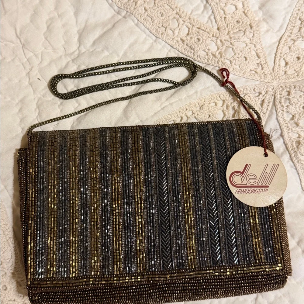 1950’s Vintage Delill beaded evening bag Gold Bronze& Silver Tone Original Tag